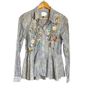 HD In Paris Embroidered Button Up Peplum Shirt Top Size S Sequined Forest Fairy